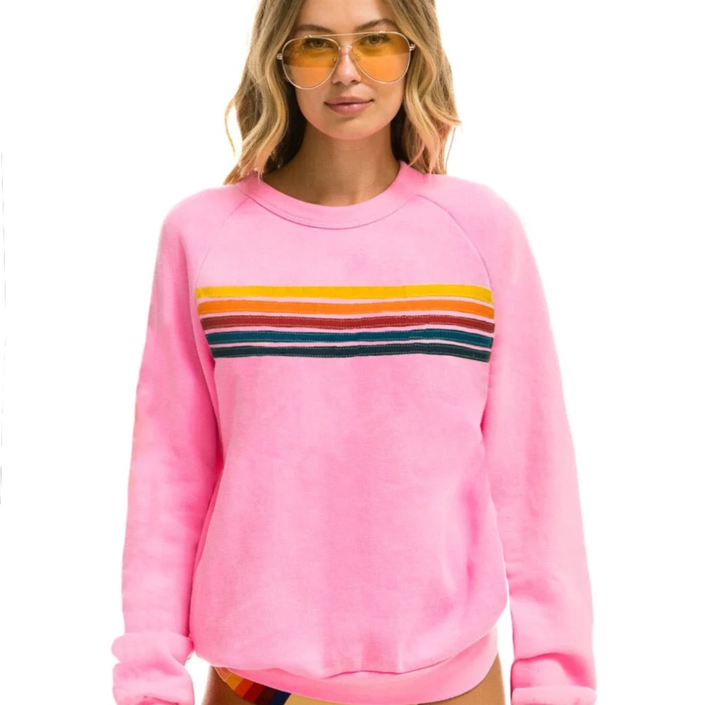 NWT AVIATOR NATION 5 STRIPE CREW SWEATSHIRT - NEON PINK WITH DEFECT (Size Small)